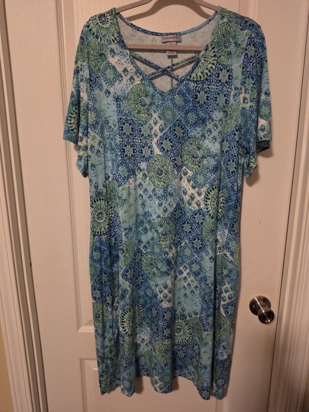 Catherines Blue & Green Printed Crisscross Neck Dress